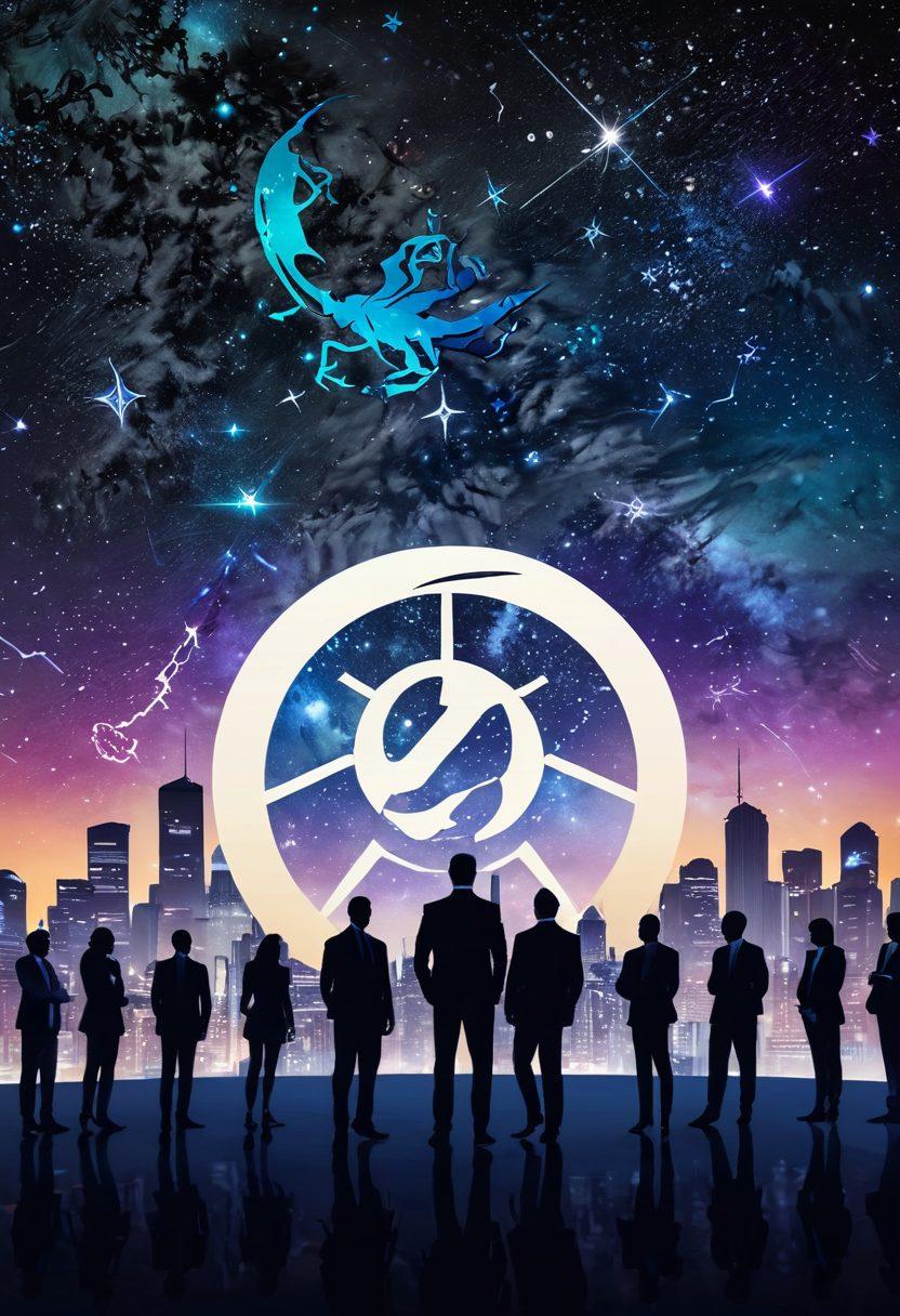 A dynamic business scene featuring a diverse group of professionals symbolizing Scorpio alliances, engaging in intense networking and collaboration. The backdrop shows a modern skyline with celestial elements like stars and constellations subtly woven into the design. Include symbolic imagery of the Scorpio zodiac, such as scorpions and transformative motifs, representing power and resilience. Use vibrant colors to evoke a sense of ambition and drive, while maintaining a sophisticated look. super-realistic. vibrant colors. 3D.