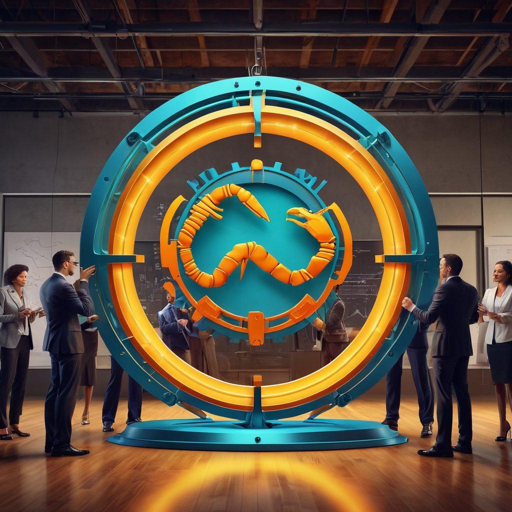 Create a dynamic and engaging illustration featuring a group of diverse business professionals collaborating around a large, illuminated Scorpio symbol, symbolizing alliances and strategic growth. Include symbols of success like graphs, gears, and lightbulbs to represent ideas in action. Use a modern office background with vibrant colors and flowing lines to convey movement and progress. super-realistic. vibrant colors. modern design.