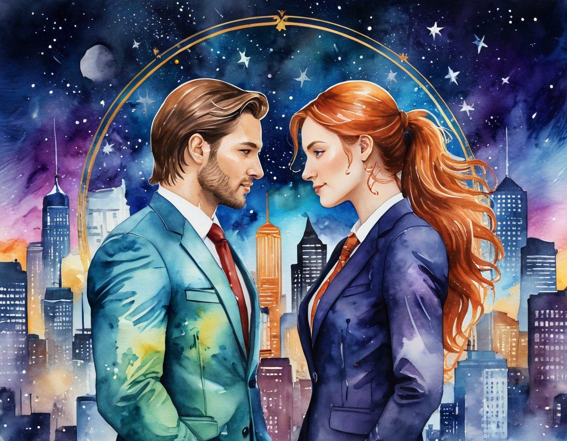 A professional setting showcasing two Scorpio zodiac symbols seamlessly intertwined, representing powerful partnerships. The background features a dynamic city skyline symbolizing networking opportunities, while vibrant constellations and celestial elements surround the scene. Include figures in business attire engaging in conversation, radiating confidence and ambition. watercolor style. vibrant colors. modern design.